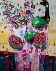 Papaya - Colourful, Patterned Still Life / Fruit & Flowers: Acrylic on Canvas