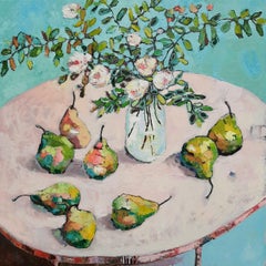 Pears and White Roses - Interior Scene: Oil Paint on Canvas
