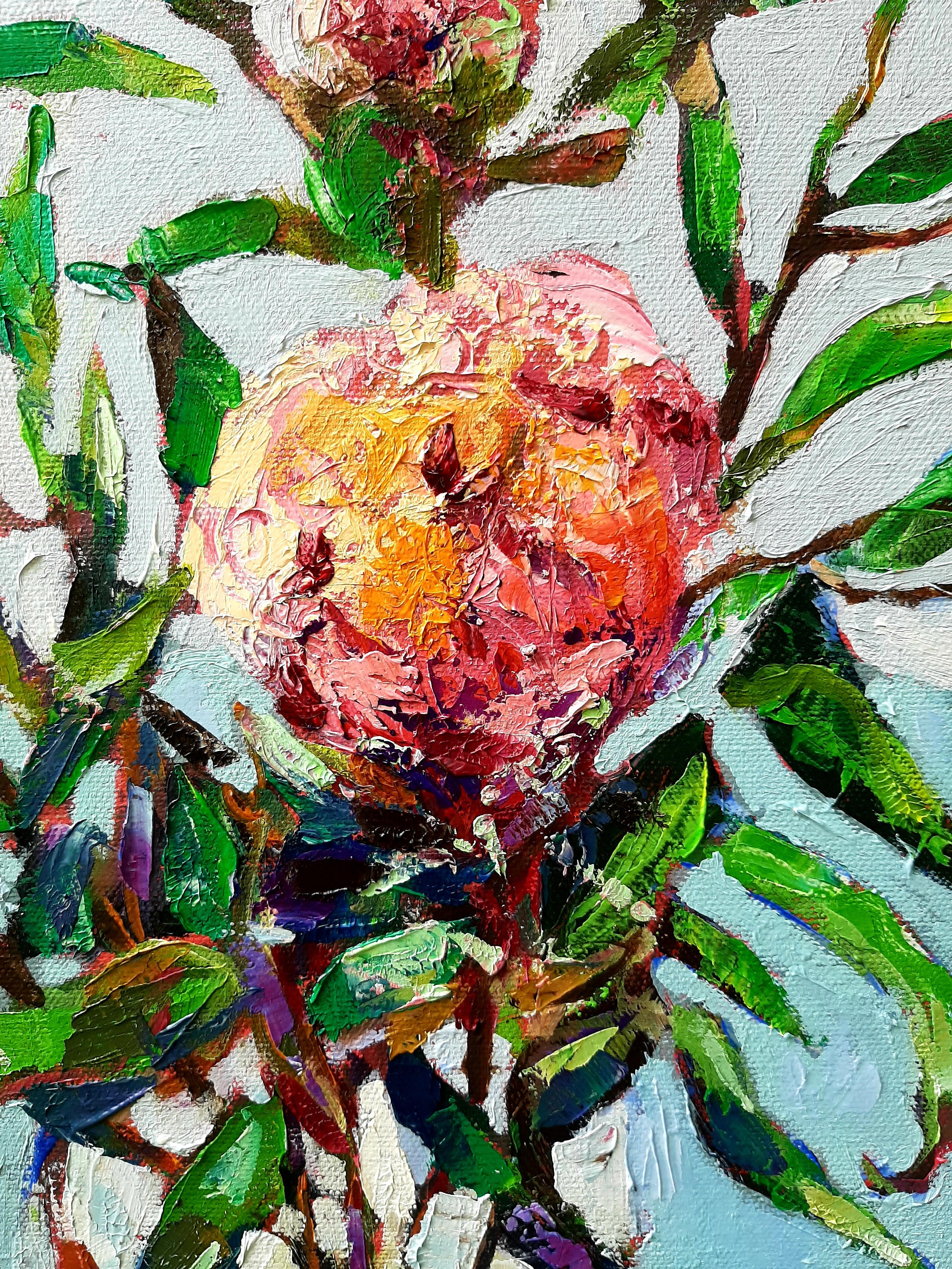 Peonías I  -pintura al óleo contemporánea de bodegón de mesa de colores - Painting de Ania Pieniazek