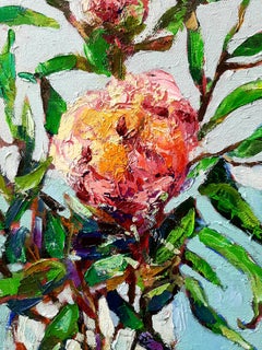 Peonies I  -contemporary still-life colourful table oil painting