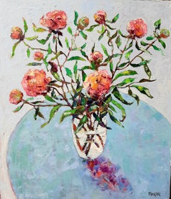 Peonies I  -contemporary still-life colourful table oil painting