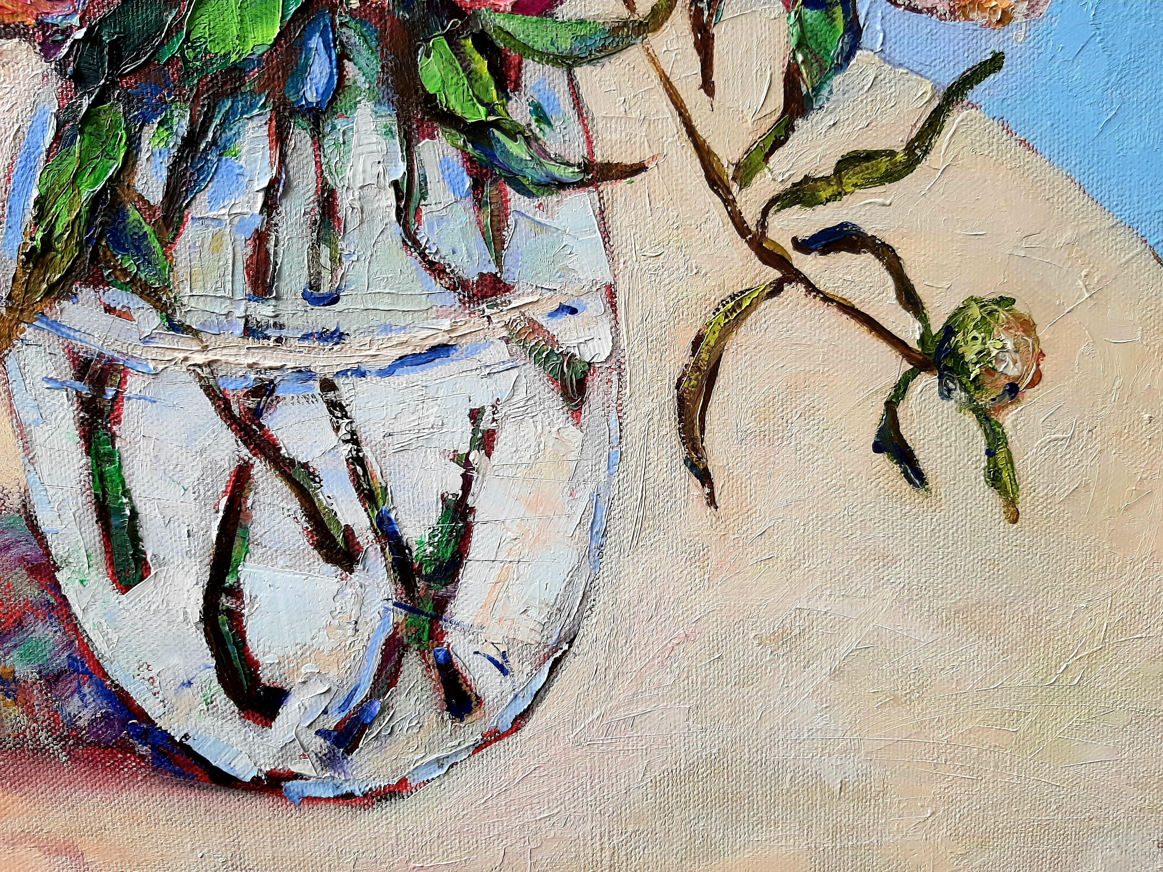 Peonías II  -pintura al óleo contemporánea de bodegón de mesa de colores - Painting de Ania Pieniazek
