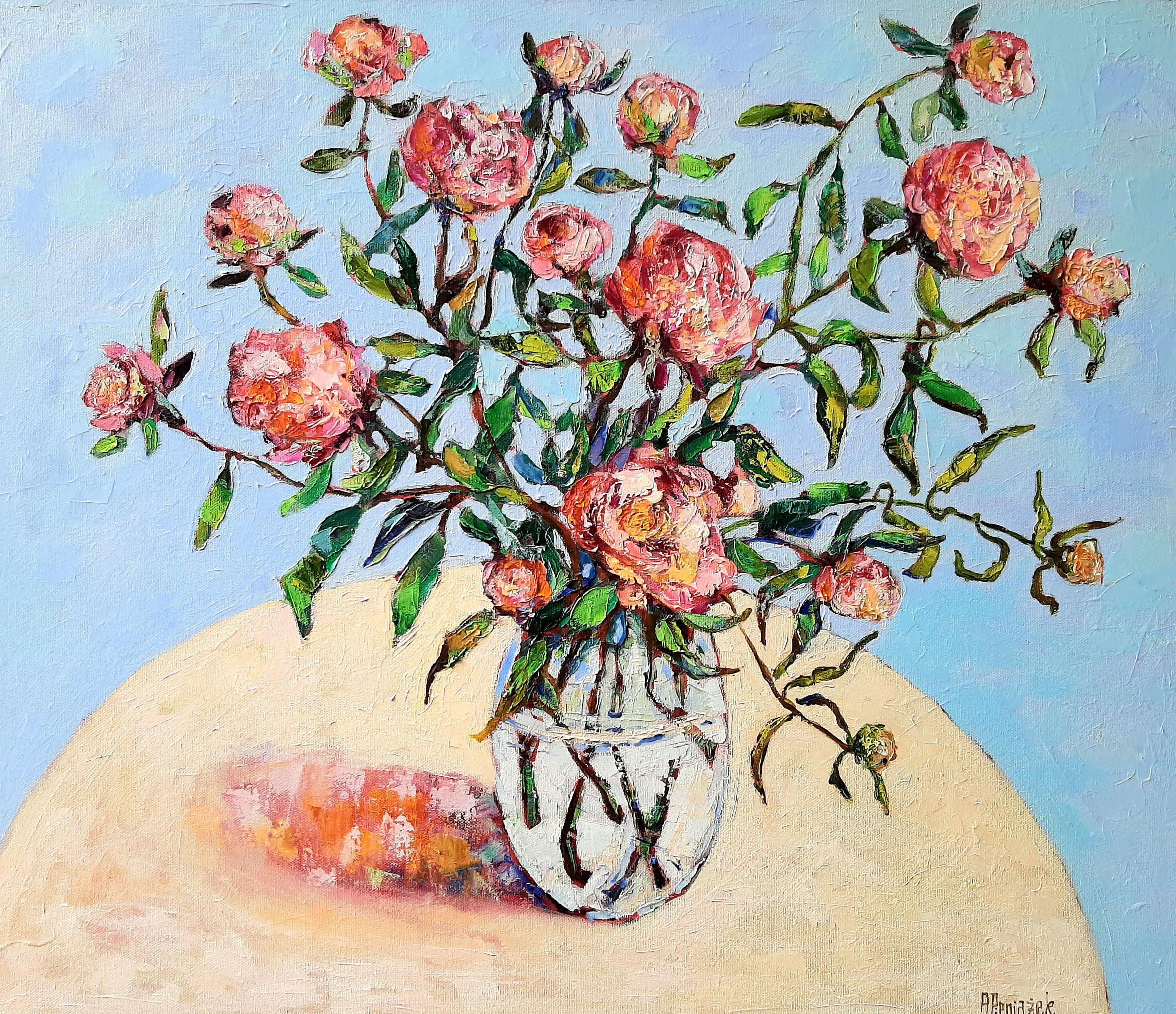 Still-Life Painting de Ania Pieniazek - Peonías II  -pintura al óleo contemporánea de bodegón de mesa de colores
