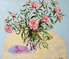 Peonies III -contemporary still-life colourful table oil painting