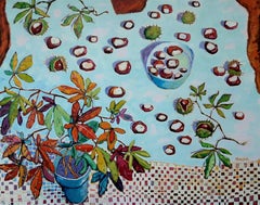 Picnic with Conkers - contemporary still life table autumn colorful oil painting