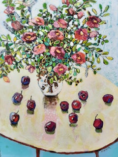 Plums and Wilde Roses -contemporary still-life colourful table oil painting