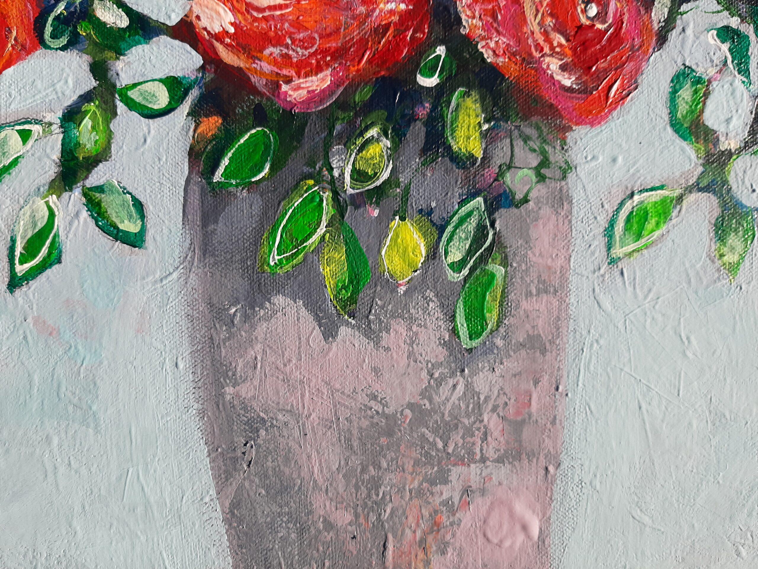 Red Roses -contemporary still-life colourful table oil painting - Contemporary Painting by Ania Pieniazek
