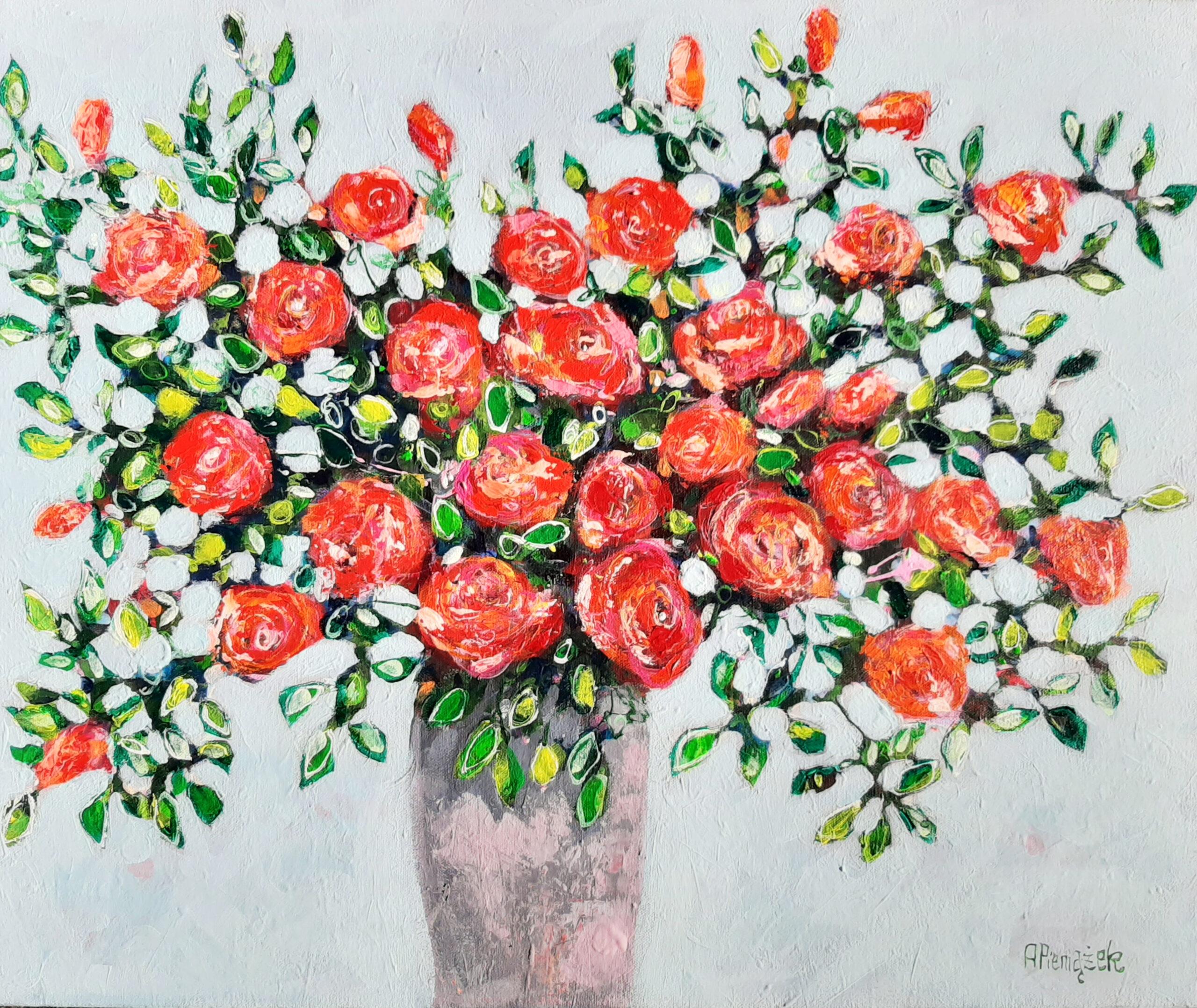Rote Rosen - Zeitgenössisches Stillleben mit buntem Tisch Ölgemälde – Painting von Ania Pieniazek