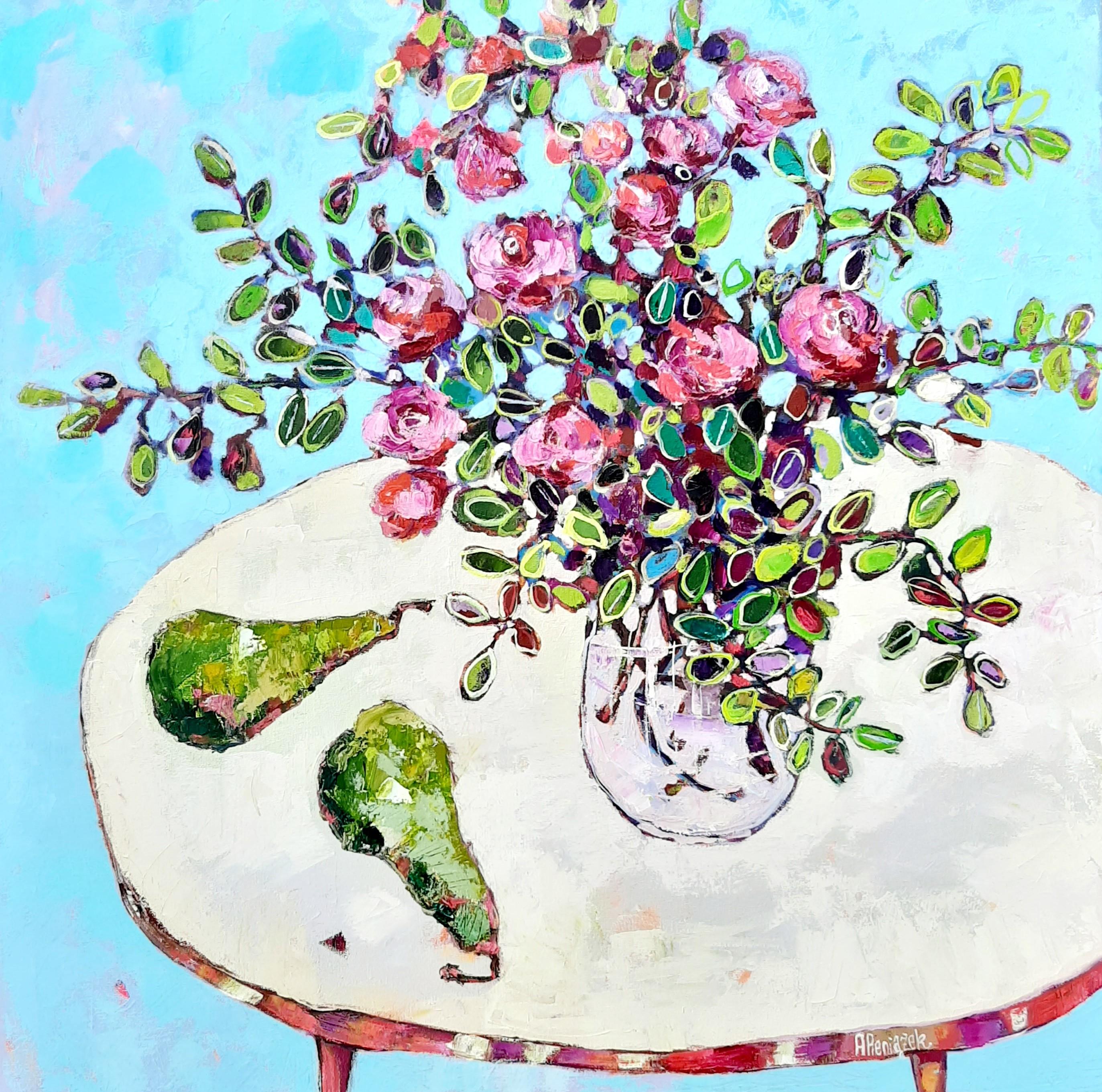 Roses and Long Pears -contemporary still-life colourful table oil painting - Contemporary Painting by Ania Pieniazek
