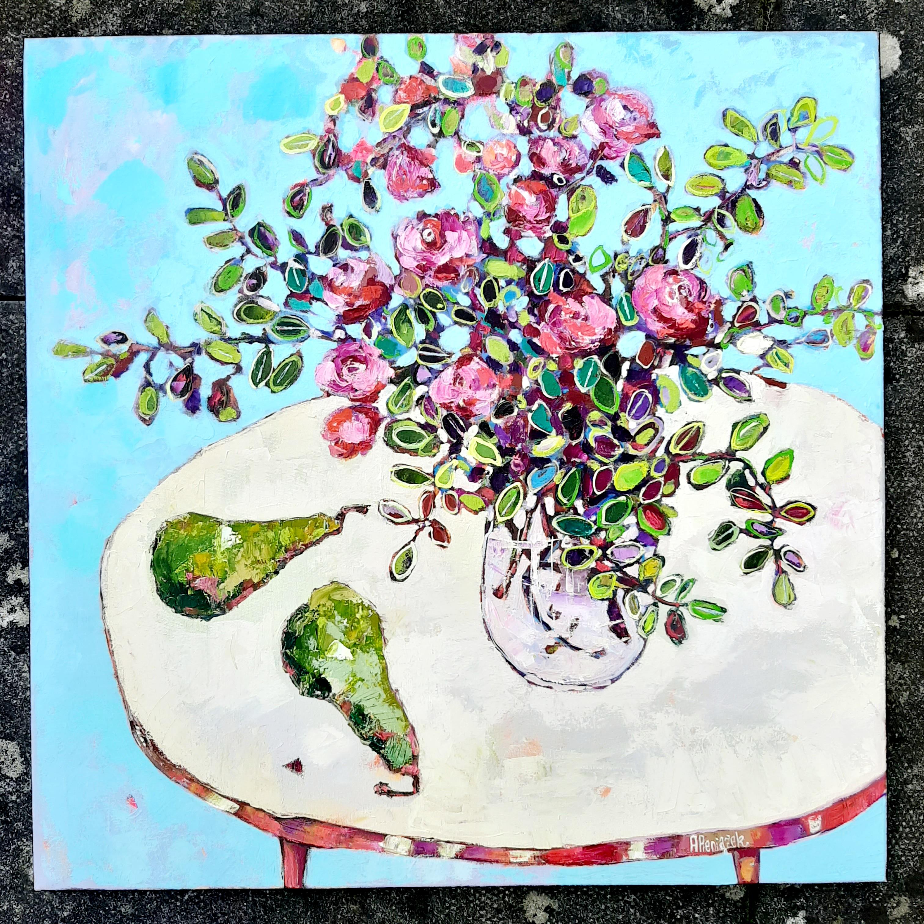 Roses and Long Pears -contemporary still-life colourful table oil painting For Sale 4