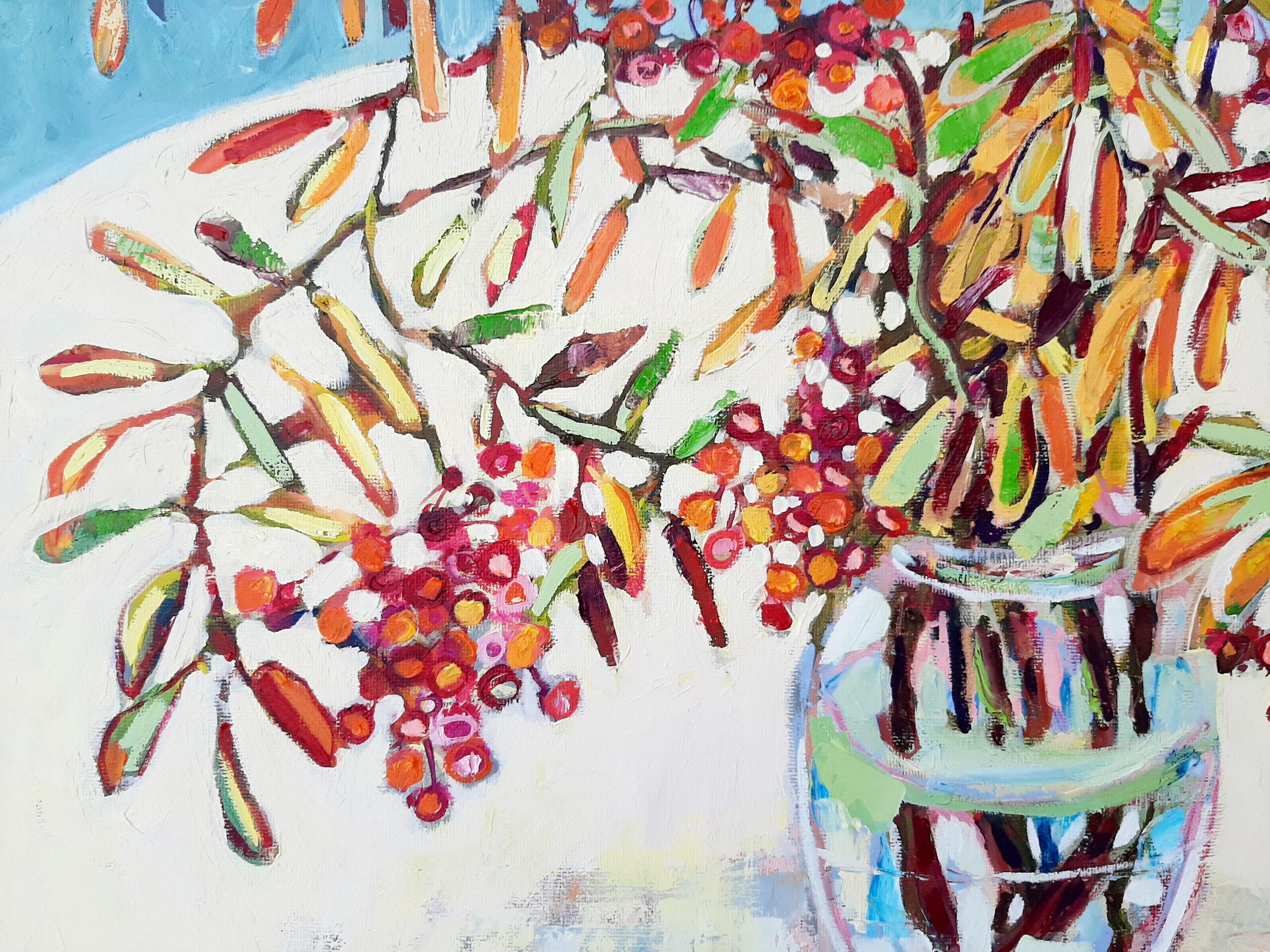 Rowan and Apples -contemporary still-life colourful table oil painting - Contemporary Painting by Ania Pieniazek