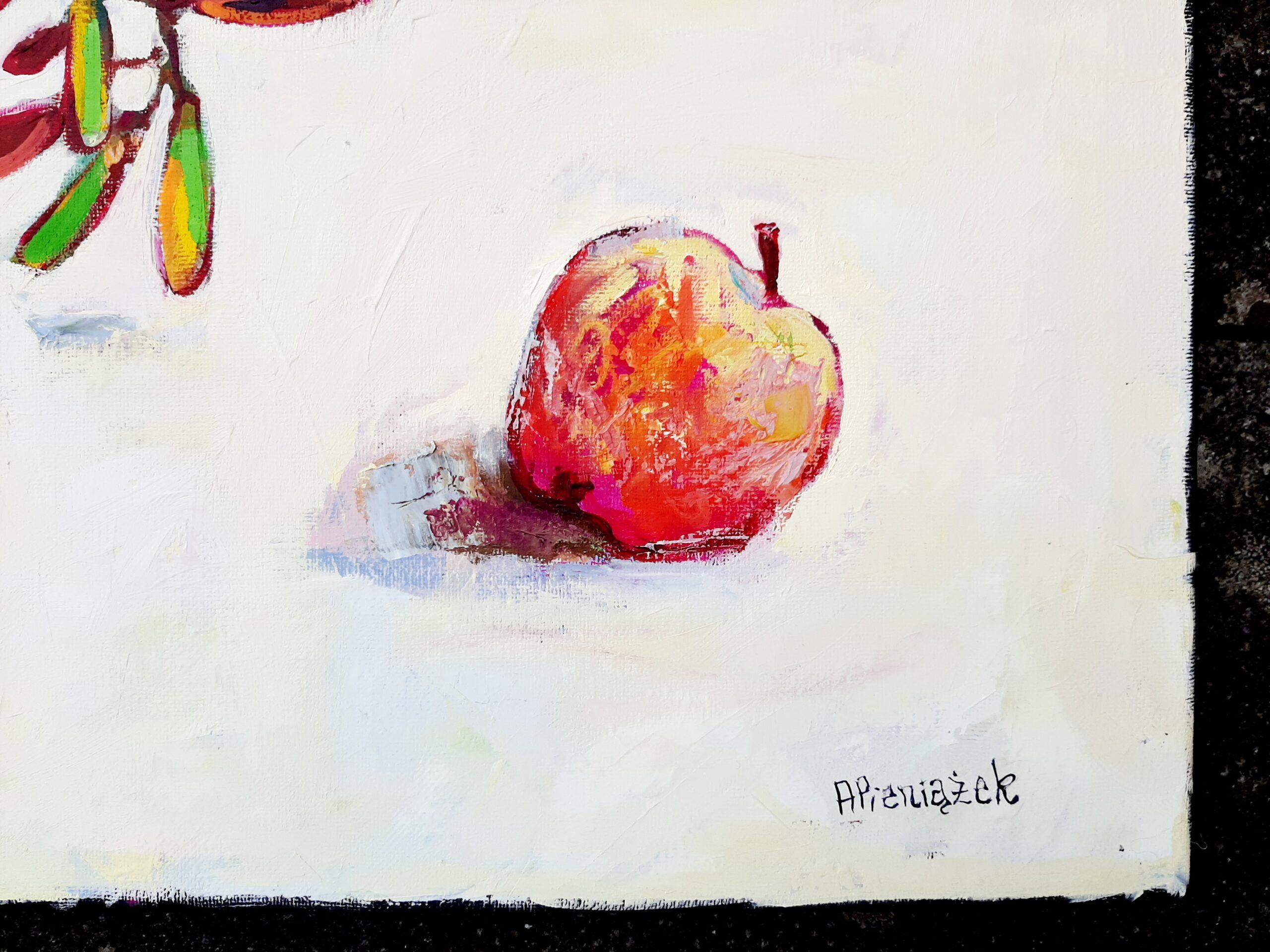 Rowan and Apples -contemporary still-life colourful table oil painting For Sale 1