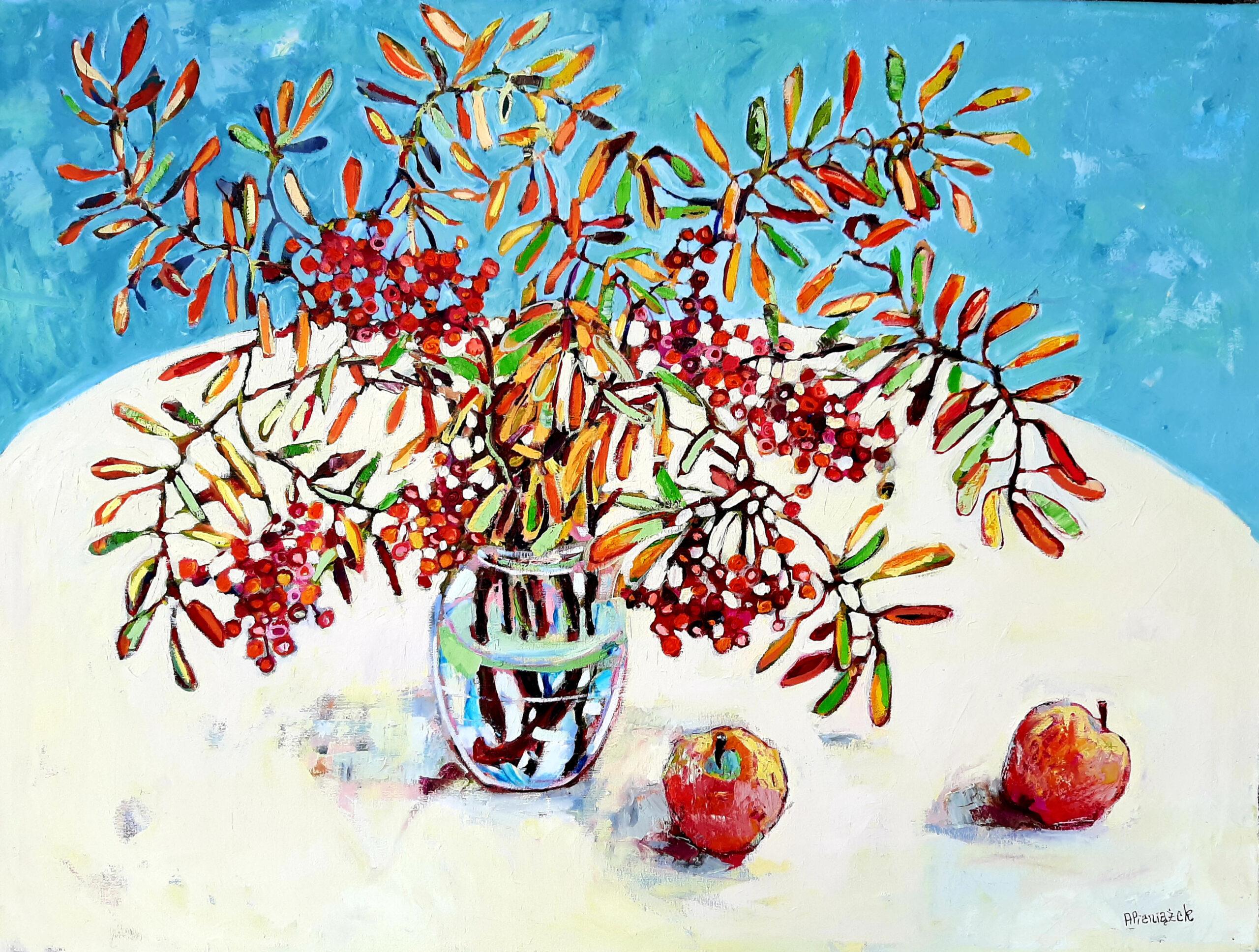 Rowan und Äpfel - Zeitgenössisches Stillleben mit buntem Tisch Ölgemälde – Painting von Ania Pieniazek