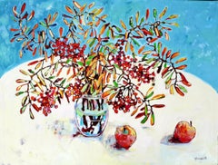 Rowan und Äpfel - Zeitgenössisches Stillleben mit buntem Tisch Ölgemälde