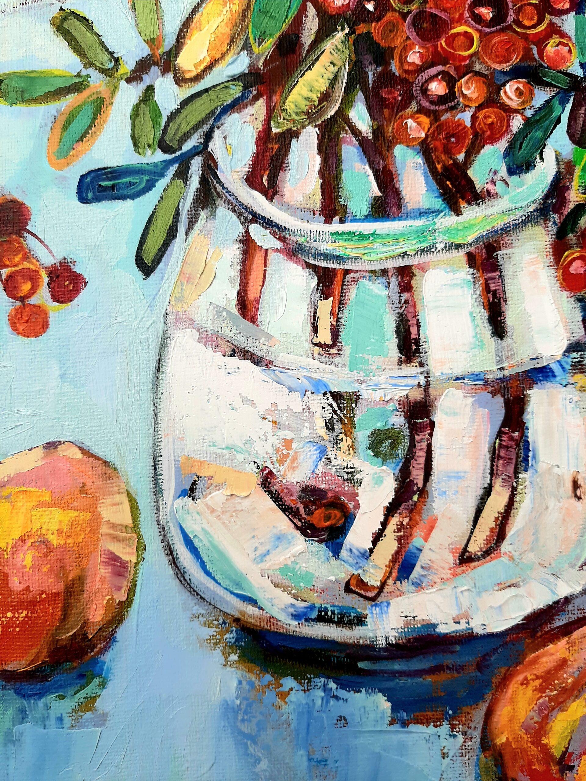 Rowan and Peaches -contemporary still-life colourful table oil painting - Contemporary Painting by Ania Pieniazek