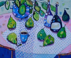 Still Life with a Plant and Pears - Interior Scene: Oil Paint on Canvas