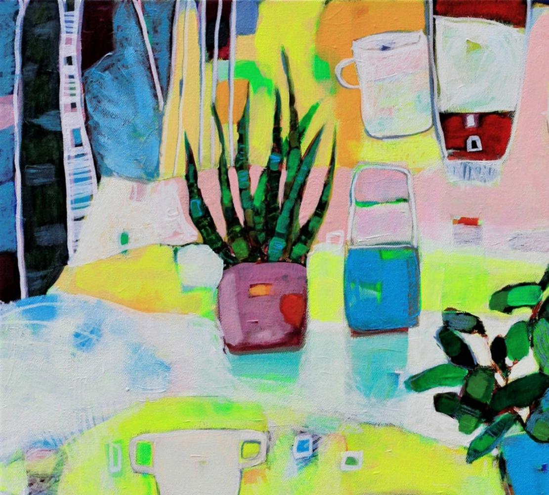 Still Life with Aloe Vera - Contemporary Interior Scene: Acrylic on Canvas  - Painting by Ania Pieniazek