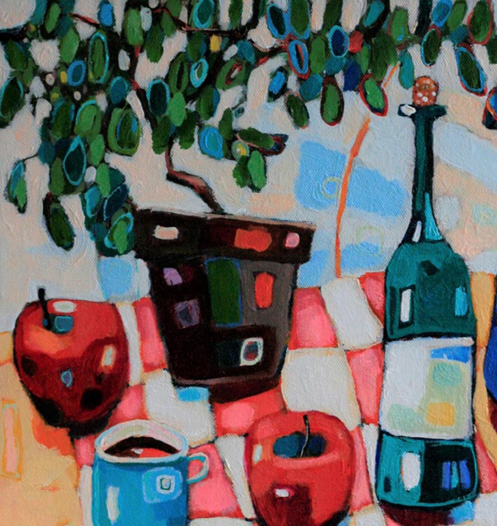 Still Life with Apples & Coffee - Colourful Interior Scene: Acrylic on Canvas - Painting by Ania Pieniazek