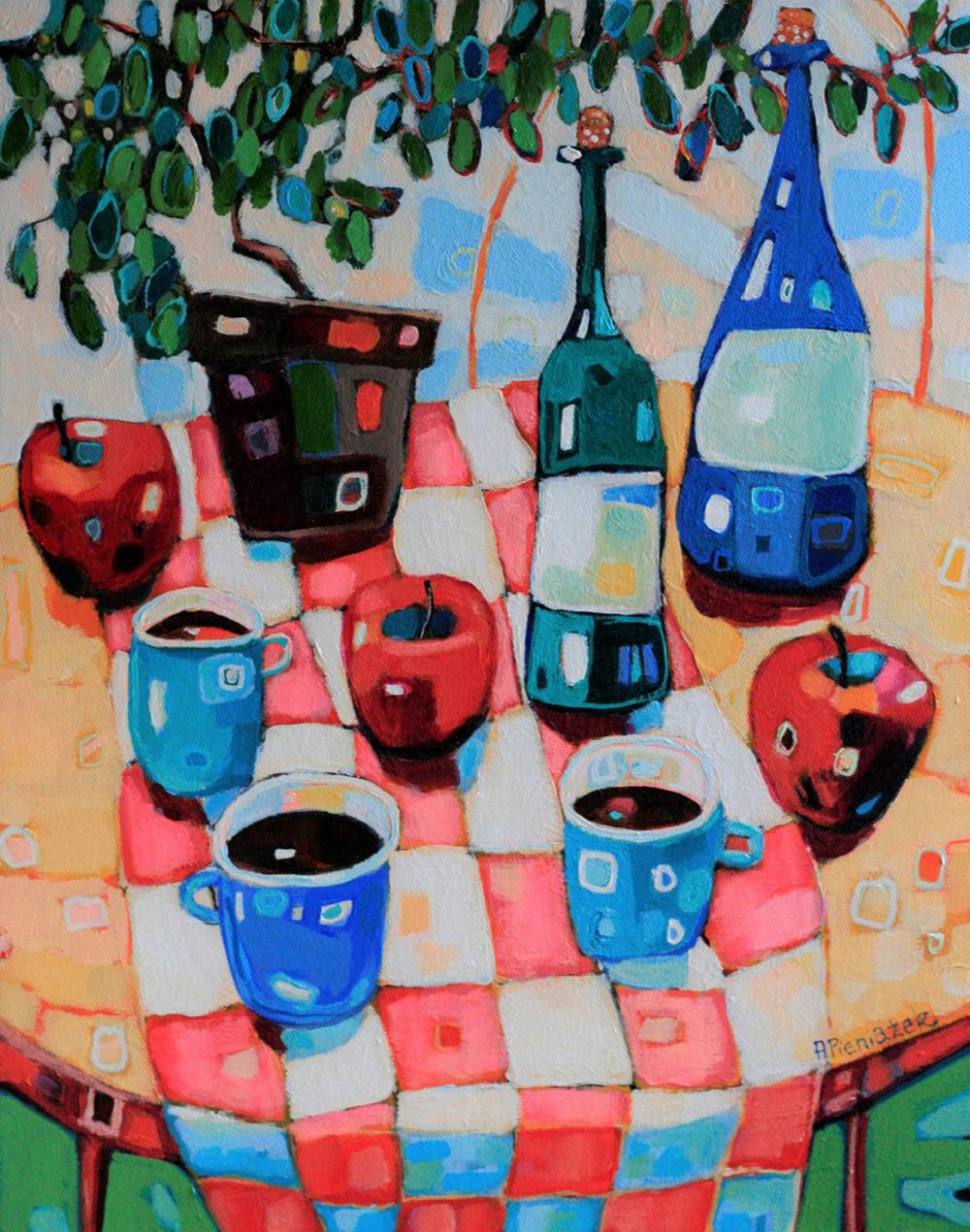 Stillleben mit Apfeln und Kaffee – farbenfrohe Interieurszene aus Acryl auf Leinwand