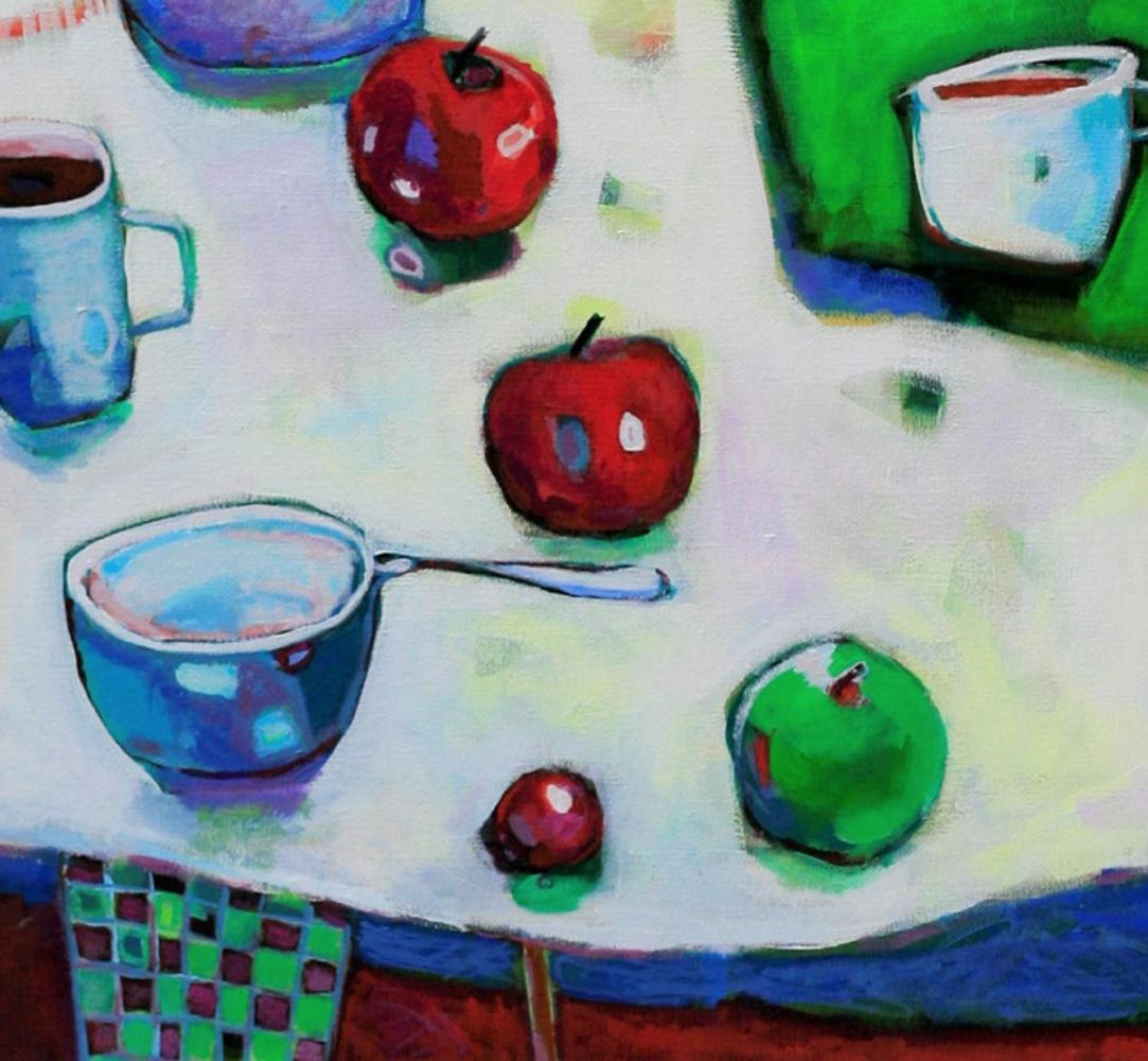 Still Life with Green Tray - Colourful Interior Scene: Acrylic Paint on Canvas - Painting by Ania Pieniazek