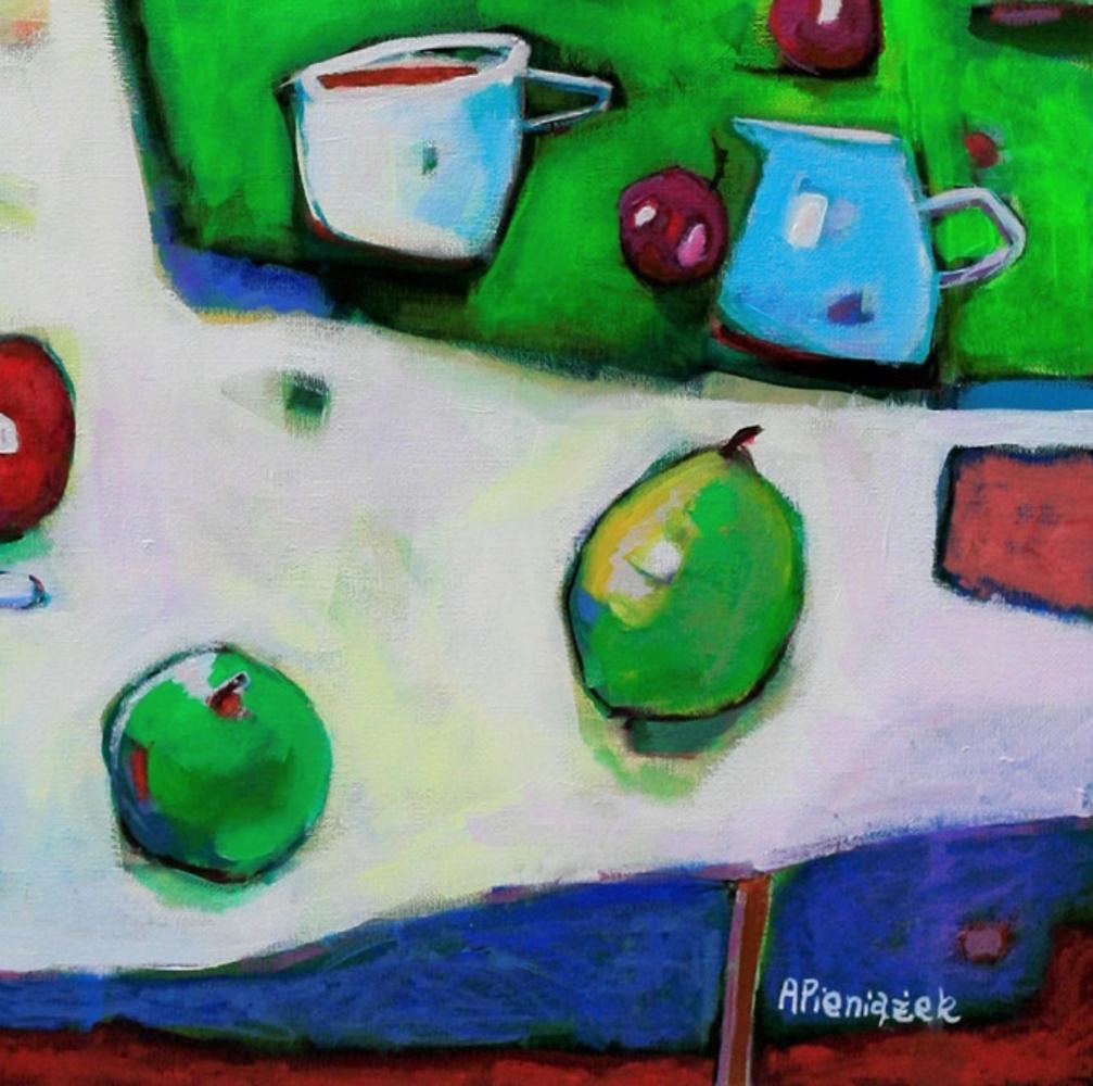Still Life with Green Tray - Colourful Interior Scene: Acrylic Paint on Canvas - Contemporary Painting by Ania Pieniazek