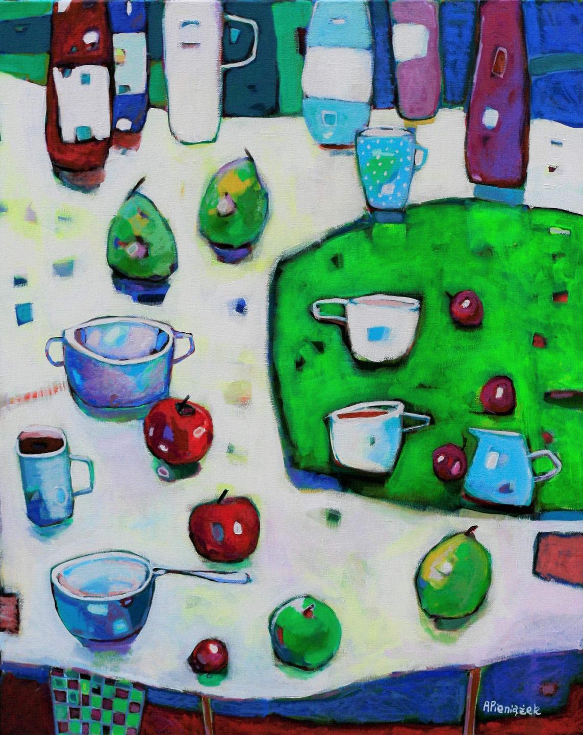 Ania Pieniazek Still-Life Painting - Still Life with Green Tray - Colourful Interior Scene: Acrylic Paint on Canvas