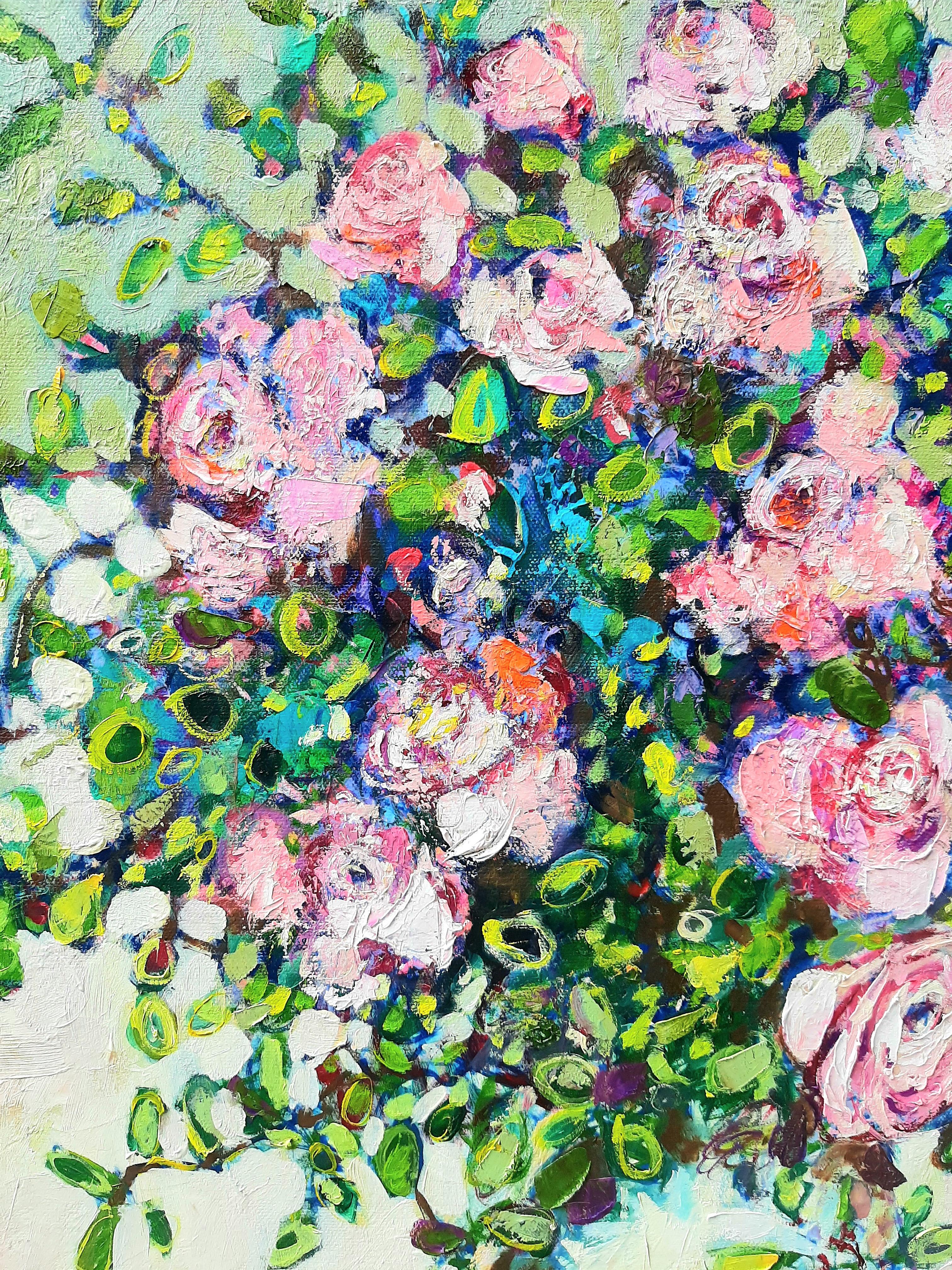 Tea and Roses -contemporary still-life colourful table oil painting - Contemporary Painting by Ania Pieniazek