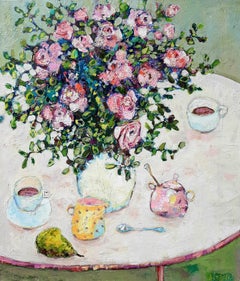 Tea and Roses -contemporary still-life colourful table oil painting