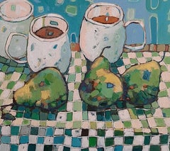 Three Mugs & Pears - Everyday Still Life / Colourful Patterns: Acrylic on Canvas