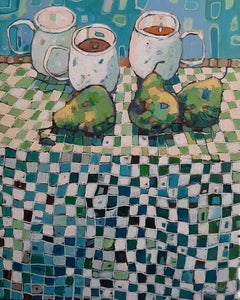 Three Mugs & Pears - Everyday Still Life / Colourful Patterns: Acrylic on Canvas