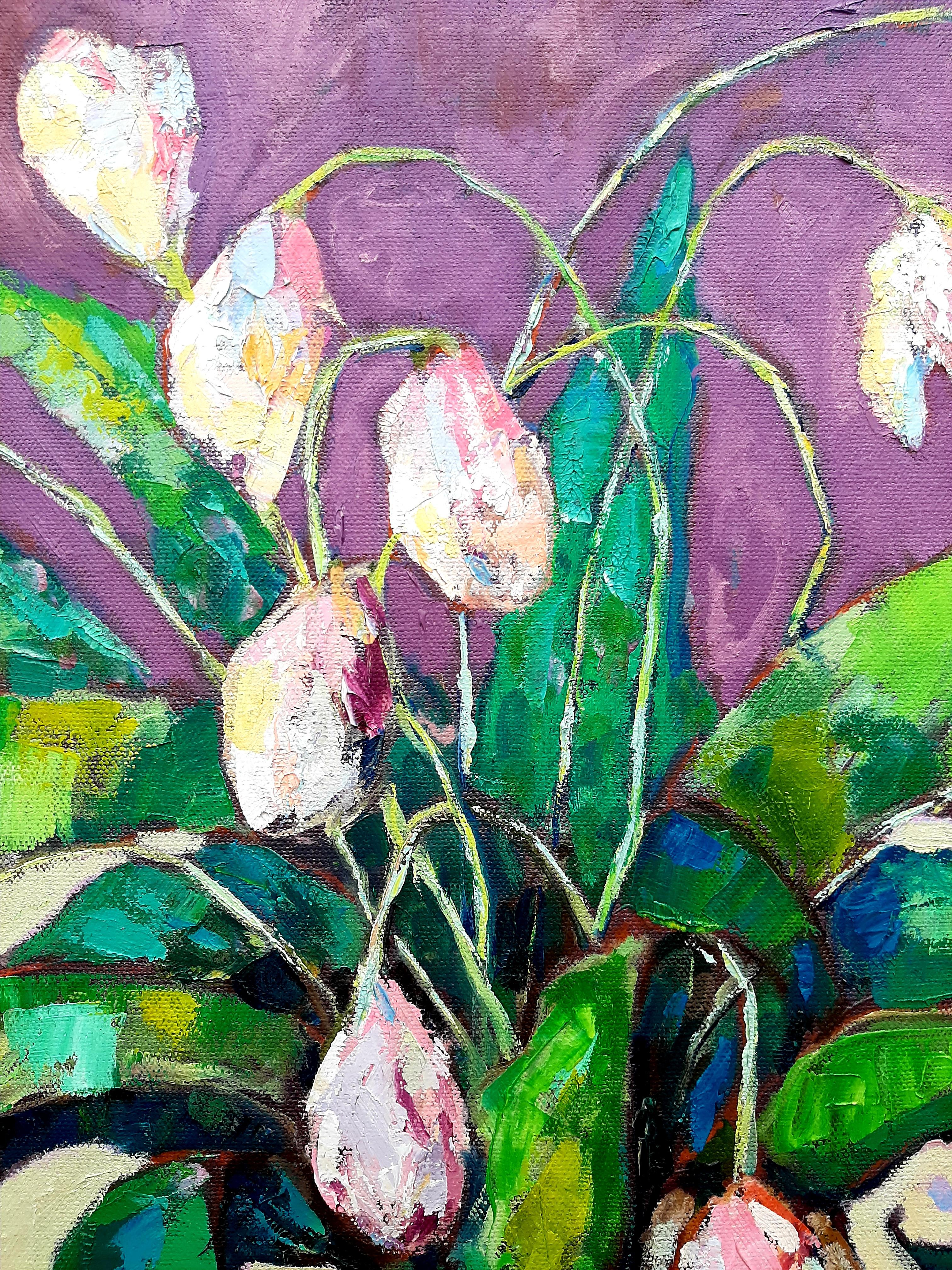 Tulips and Pears -contemporary still-life colourful table oil painting - Contemporary Painting by Ania Pieniazek