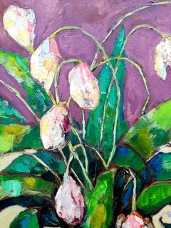 Tulips and Pears -contemporary still-life colourful table oil painting