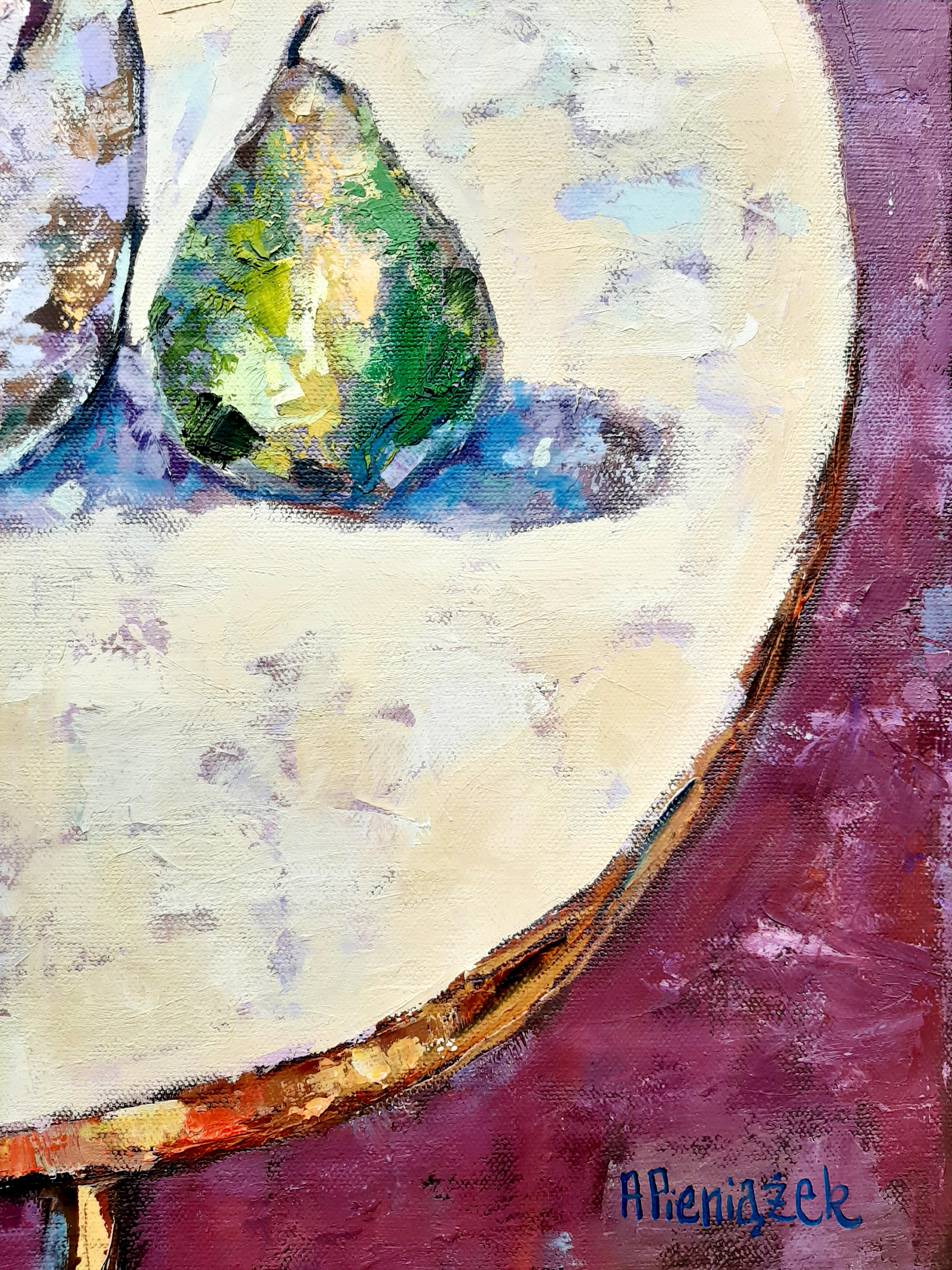 Tulips and Pears -contemporary still-life colourful table oil painting For Sale 1