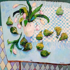 Tulpen und Birnen - Zeitgenössisches Stillleben mit buntem Tisch Ölgemälde