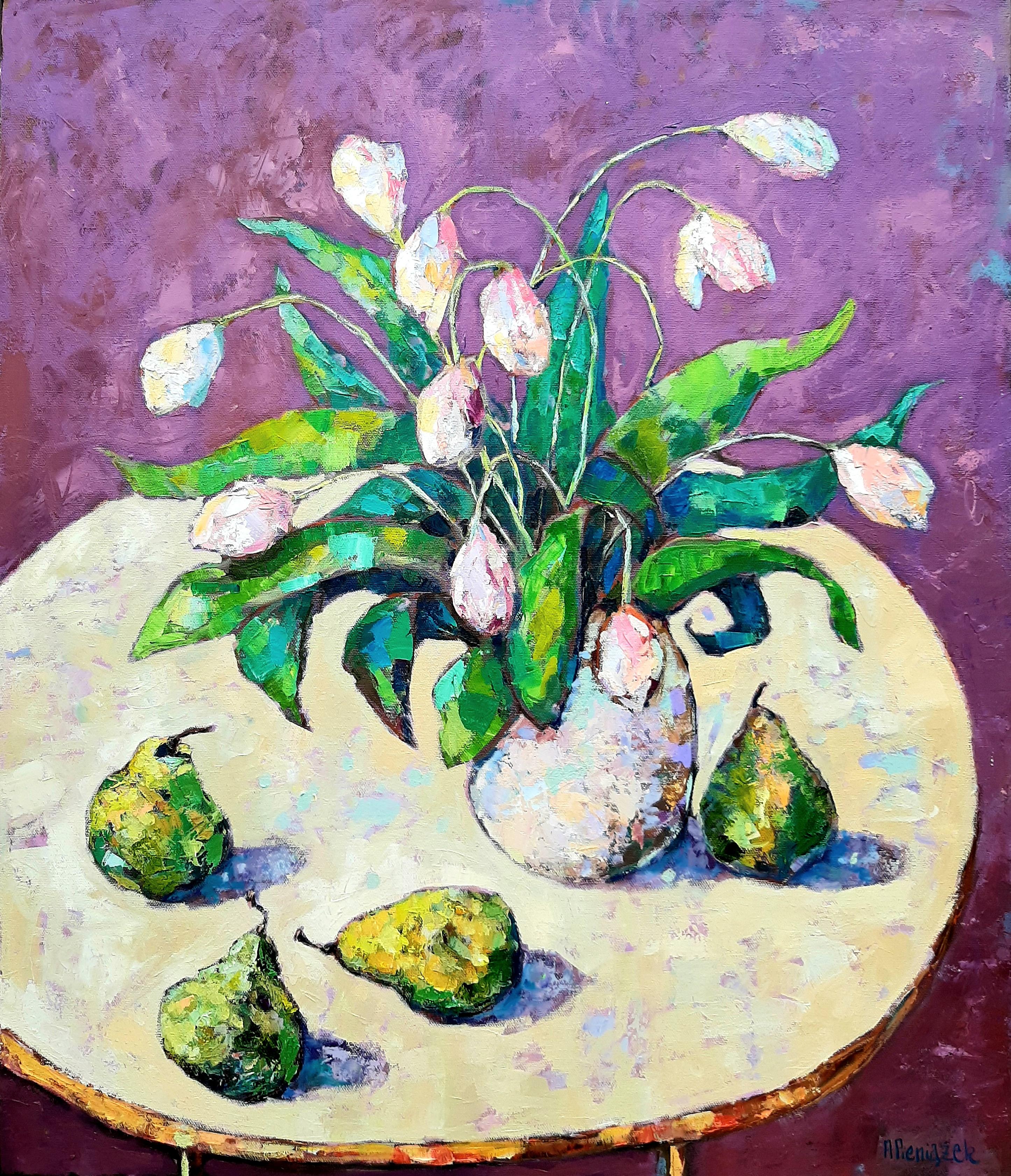 Tulips and Pears -contemporary still-life colourful table oil painting - Painting by Ania Pieniazek