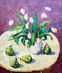 Tulips and Pears -contemporary still-life colourful table oil painting