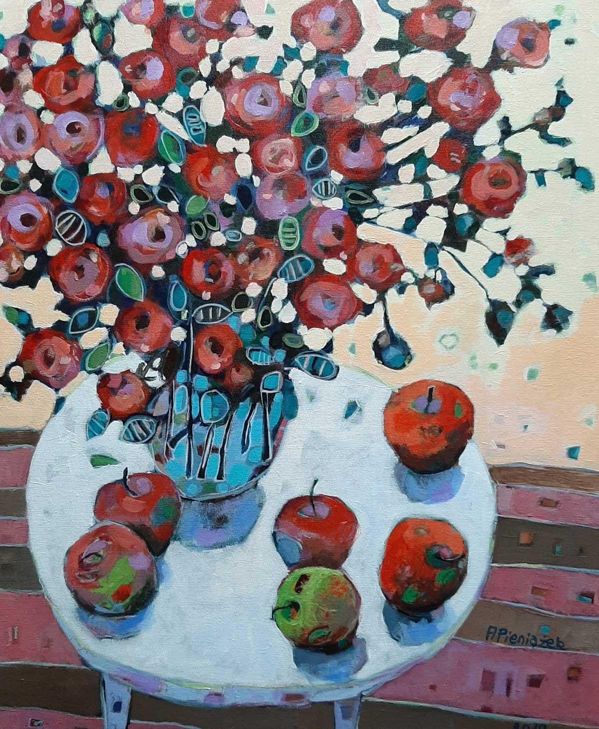Ania Pieniazek Interior Painting - Valentine Roses - Colourful Still Life / Flowers & Fruit: Oil on Canvas