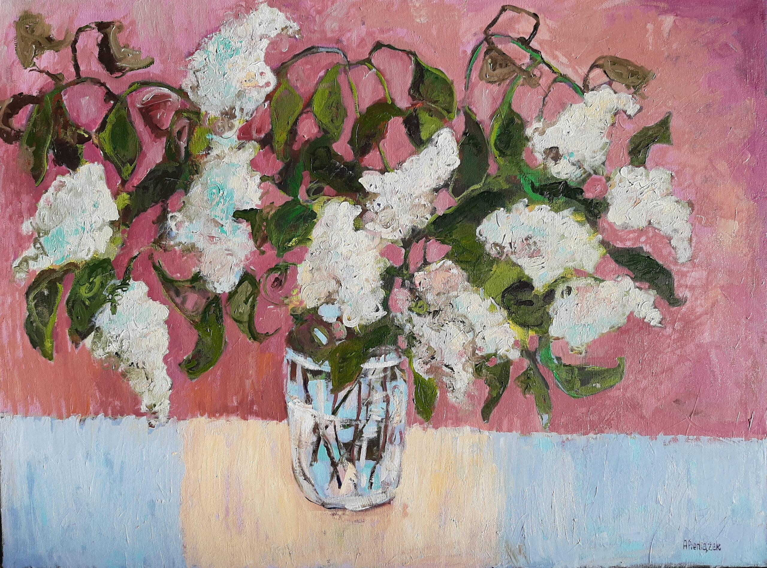 White Lilac -contemporary still-life colourful table oil painting - Painting by Ania Pieniazek