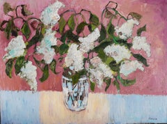 Lilas blanc -nature morte contemporaine peinture à l'huile de table colorée