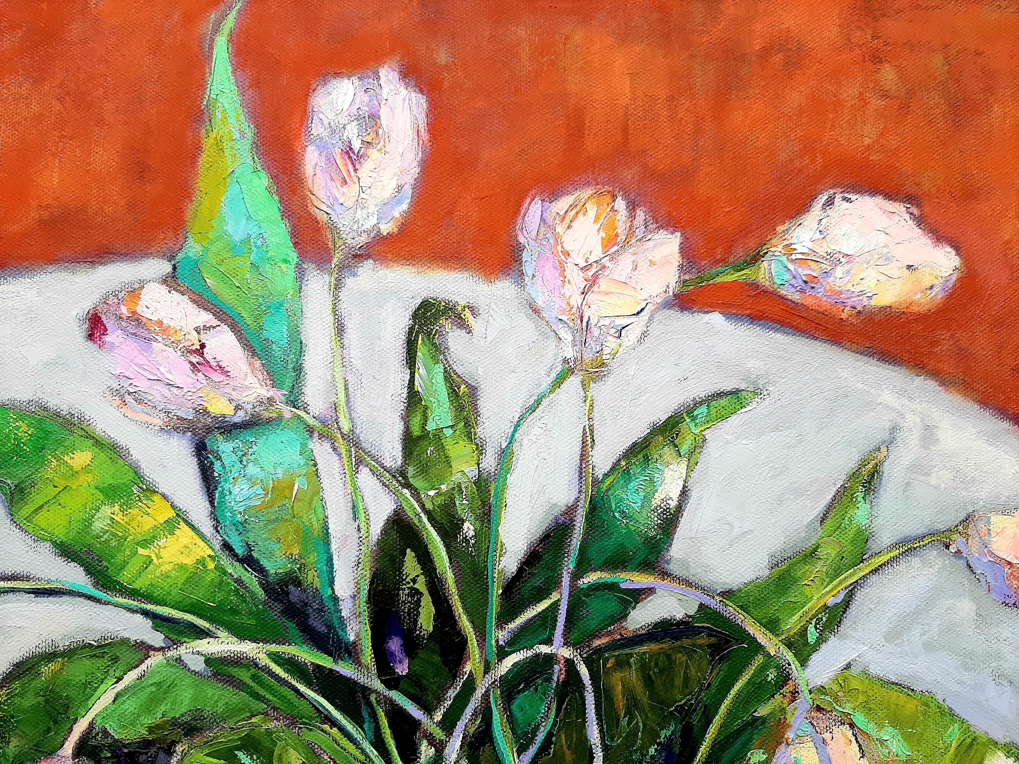 Tulipanes blancos y peras - pintura al óleo contemporánea de bodegón de mesa de colores - Painting Contemporáneo de Ania Pieniazek