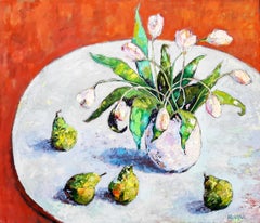 White Tulips and Pears -contemporary still-life colourful table oil painting