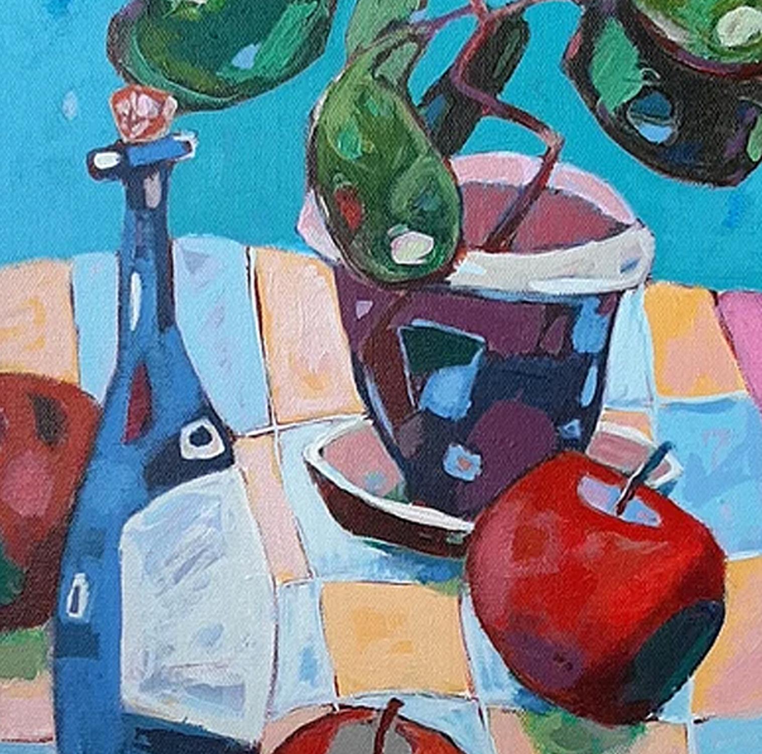 Wine & Red Apples - Colourful, Patterned Still Life: Acrylic on Canvas - Painting by Ania Pieniazek