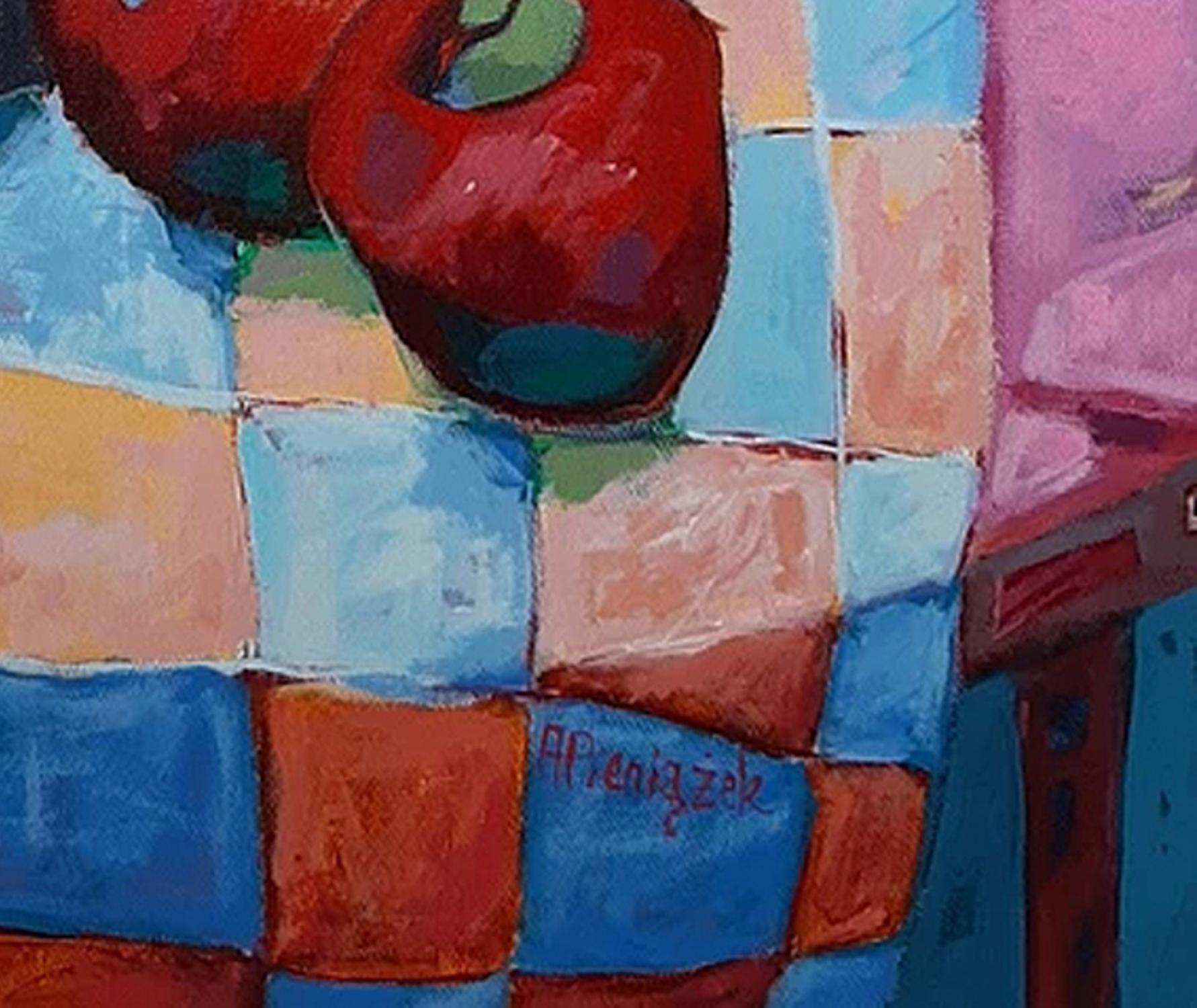 Nature morte colorée à motifs en forme de vin et de pommes rouges : Acrylique sur toile - Contemporain Painting par Ania Pieniazek