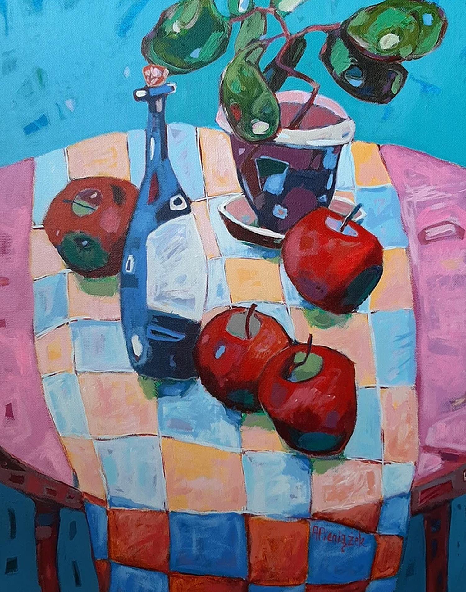 Ania Pieniazek Interior Painting - Wine & Red Apples - Colourful, Patterned Still Life: Acrylic on Canvas