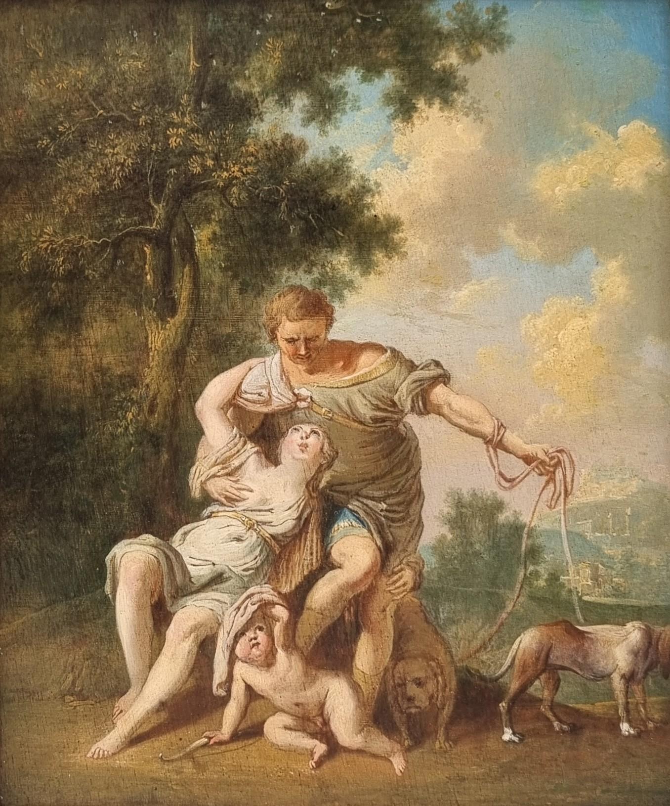 Anicet Charles Gabriel LEMONNIER (Attributed to)
Rouen, 1743 – Paris, 1824
Venus and Adonis
Oil on wood panel
24 x 20 cm (35 x 31 cm with frame)
Very beautiful old frame in gilded wood 
Very good condition

This is a copy with variants of an Italian