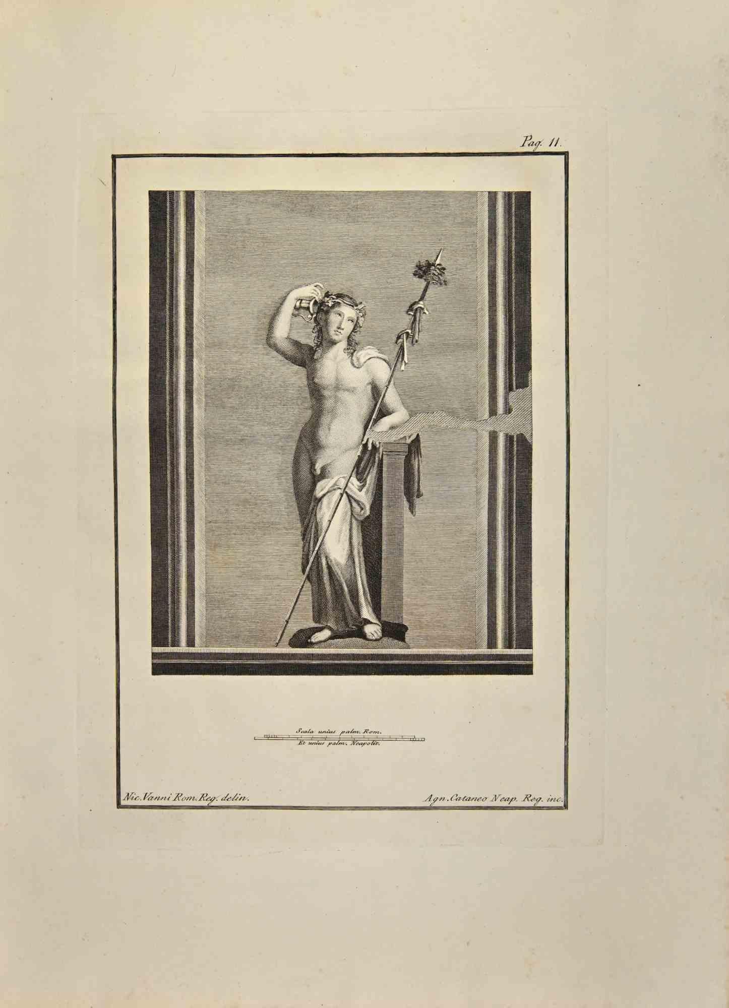 Dionysos Bacchus aus den "Antiken von Herculaneum" ist eine Radierung auf Papier von Aniello Cataneo aus dem 18. Jahrhundert.

Signiert auf der Platte.

Guter Zustand mit einigen Faltungen.

Die Radierung gehört zu der Druckserie "Antiquities of