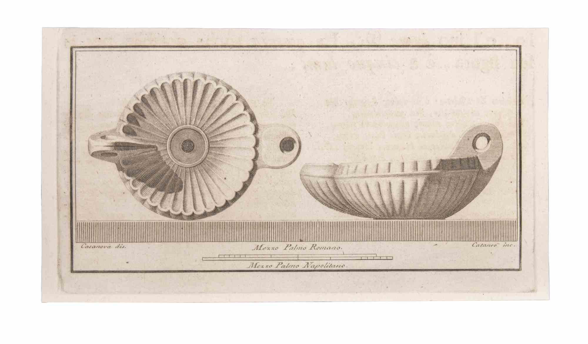 Lampe à huile est une eau-forte réalisée par Aniello Cataneo (1732-1805).

La gravure appartient à la suite d'estampes "Antiquités d'Herculanum exposées" (titre original : "Le Antichità di Ercolano Esposte"), un volume de huit gravures des