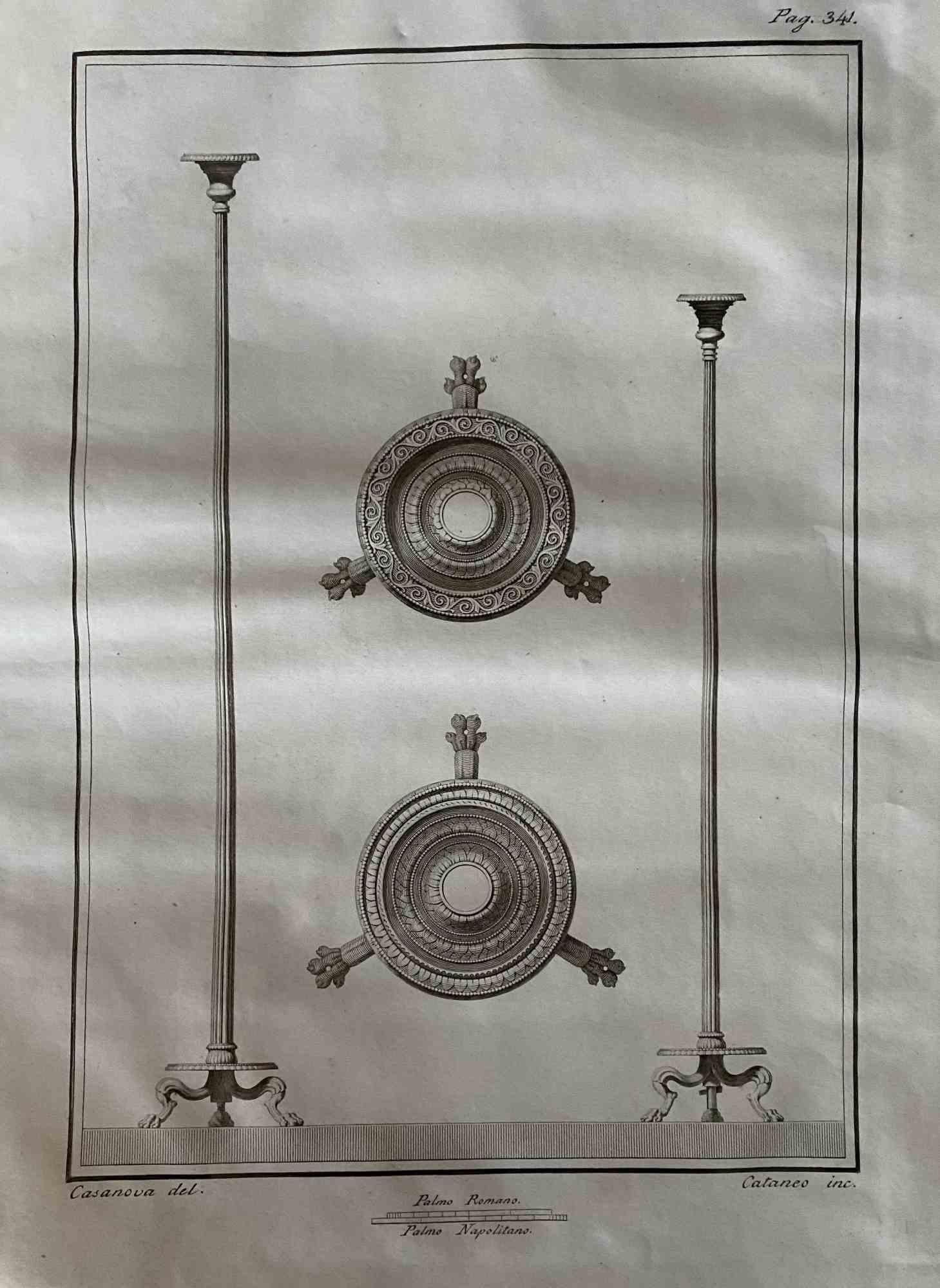 Lampe à huile est une eau-forte réalisée par Aniello Cataneo (1732-1805).

La gravure appartient à la suite d'estampes "Antiquités d'Herculanum exposées" (titre original : "Le Antichità di Ercolano Esposte"), un volume de huit gravures des
