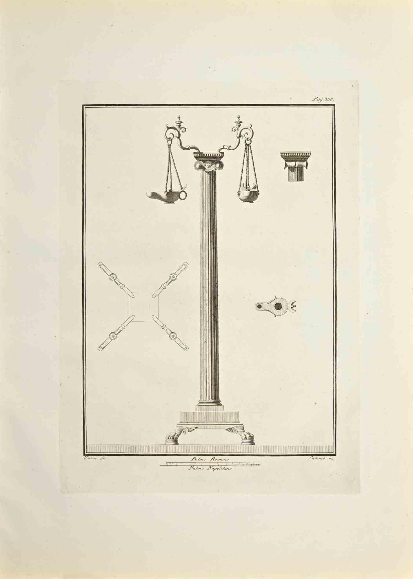 Lampe à huile est une eau-forte réalisée par Aniello Cataneo (1732-1805).

Bonnes conditions.

La gravure appartient à la suite d'estampes "Antiquités d'Herculanum exposées" (titre original : "Le Antichità di Ercolano Esposte"), un volume de huit