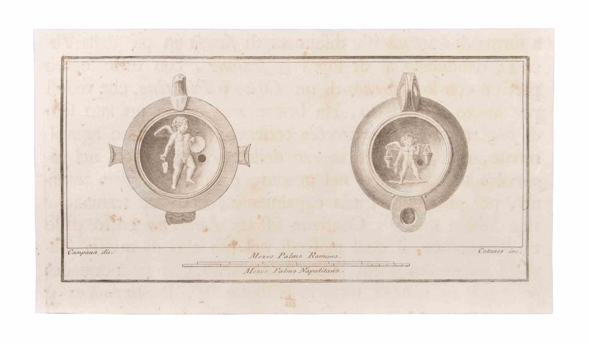 Oil Lamp With Decoration is an Etching realized by Aniello Cataneo (1732-1805).

The etching belongs to the print suite “Antiquities of Herculaneum Exposed” (original title: “Le Antichità di Ercolano Esposte”), an eight-volume volume of engravings
